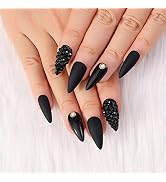 Artquee 24pcs Press on Nails Black Medium Long Almond Stiletto Matte Mixed Glossy Fake Nails Fals...