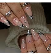 Silver Press on Nails Medium Almond Fake Nails Nude Glossy False Nails with Design Shiny Rhinesto...