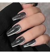 MISUD Press on Nails - Long Coffin Fake Nails with Goth Black, Acrylic Cat Eye Design 24 pcs