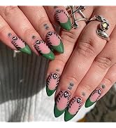 BABALAL Almond Press-on Nails - Medium, Green, French Glue-on, 24pcs Matte Stiletto Acrylic Nails...