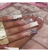 48Pcs White French Tips Press on Toenails 3D Butterfly Press on Nails Long Square Glue on Nails w...
