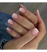 Short Press on Nails Square Pink Fake Nails with White Gradient Designs Acrylic Nails Press ons R...