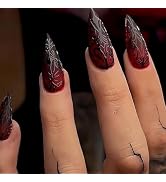 IMSOHOT Burgundy Press on Nails Long Stiletto Fake Nails Black Red Gradient False Nails Goth Tote...