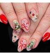 Christmas Press on Nails Medium Almond Fake Nails with Designs Xmas Tree Stick on Nail Bow Acryli...