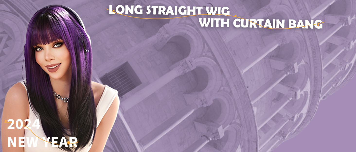 Long Ombre Purple Black Straight Wig