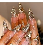 Gold Glitter French Tips Press on Nails Long Almond Fake Nails with 5D Rhinestones Design Sparkly...