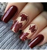 MERVF Fall Press on Nails Long Square, Maple Leaf Fake Nail Burgundy Glue ons Acrylic Nail Solid ...