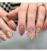 30 Pcs Almond Floral Fall Acrylic Press On Nails with Cute Flower Designs - Full Cover Glue on Gl...
