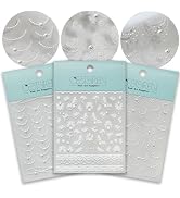 CESTSIREN White Lace French Line Nail Art Stickers Pearl Rhinestones Embossed French Line Nail De...