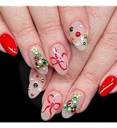 24Pcs Red Christmas Press on Nails Short Almond Fake Nails with Bow Rhinestone Christmas Tree Des...
