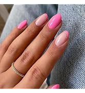 Pink Press on Nails Short Oval Fake Nails with Glitter Designs French Tip Nails Press ons Glossy ...