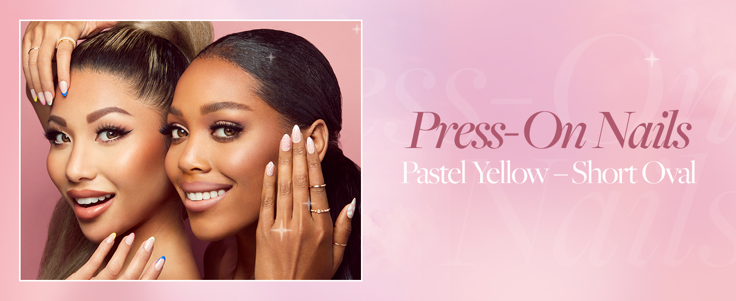 Glamnetic Press On Nails - Pastel Yellow Short Oval Yellow, Glossy Light Yellow Fake Nails Reusable