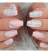 Pink Short Press on Nails Coffin Cute Glitter Sequins Fake Nails with Rhinestones Designs White F...