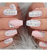 Pink Short Press on Nails Coffin Cute Glitter Sequins Fake Nails with Rhinestones Designs White F...