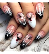 Christmas Press on Nails Medium Almond Fake Nails with Designs Deer Stick on Nail French Acrylic ...
