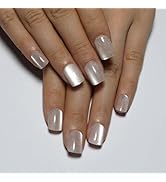 Nude Press On Nails Square, Cat Eye Press On Nails Short Fake Nails with Color-Shifting Glow, Reu...