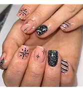 Black Press on Nails Short Square Fake Nails with Designs Snowflake Stick on Nail Christmas Acryl...