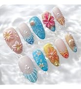 30Pcs 3D Flower Press on Nails Medium Almond French Tip Fake Nails with Pearl Rhinestones Hawaiia...