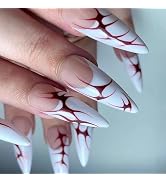 MISUD Press on Nails - Long Stiletto Fake Nails with White French Tip, Acrylic Goth Red Flame Des...