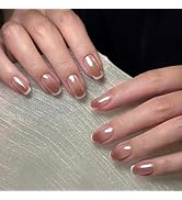 Stbisen Square Ombre Press On Nails, French Press On Nails Medium Nude Brown Chrome Fake Nails wi...
