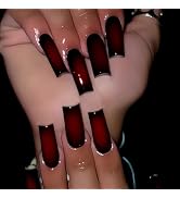 MISUD Press on Nails - Long Square Fake Nails with Goth Red Black Acrylic Gothic Vampire Design 2...