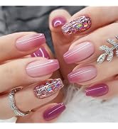 Press on Nails Short Coffin Fake Nails Gradient False Nails with Silver Glitter Designs Purple an...