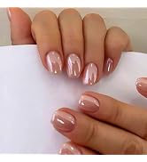 Nude Press On Nails Short - KQueenest Chrome Press On Nails Square, Sparkly Fake Nails Press ons,...