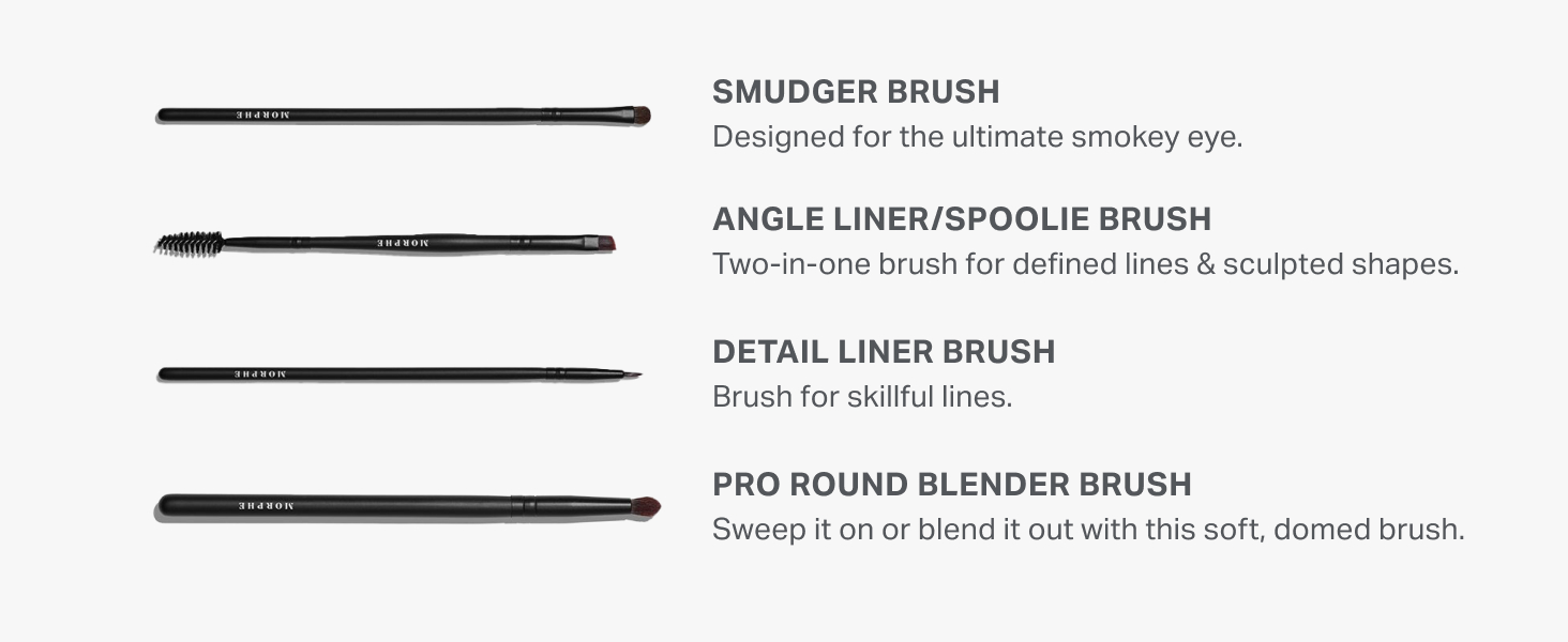 Essential makeup brush sets & kits with detail liner, spoolie, and round blender brushes