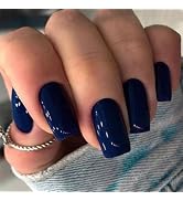 IMSOHOT Royal Blue Press on Nails Short Square Square Fake Nails Acrylic Solid Color Dark Blue Fa...