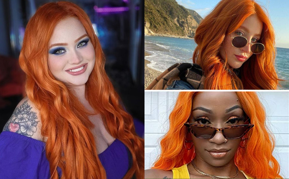 ginger orange long wavy lace front wig