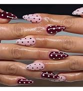 MISUD Press on Nails - Medium Almond Fake Nails with Red Pink, Acrylic Polka Dot Design 24 pcs