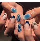 Blue Press on Nails French Tip Fake Nails Short Almond False Nail with Alligator Print Design Blu...