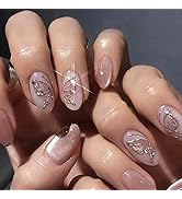 Sparkly Butterfly Press on Nails Short Almond Fake Nails Nude Pink with Butterfly Glitter Design ...
