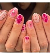 24 Pcs Oval Press on Nails Short Almond Nail Tips,YEFIUO Ombre Pink Fake Nails Press ons French G...