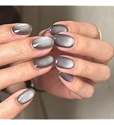 Xenophoer Cat Eye Press on Nails Short Oval Gray Fake Nails Acrylic Glue on Nails with Silver Gli...