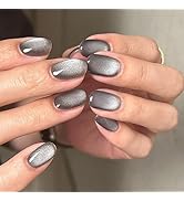 Xenophoer Cat Eye Press on Nails Short Oval Gray Fake Nails Acrylic Glue on Nails with Silver Gli...
