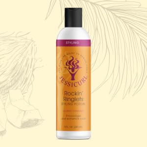 bottle of product against a light yellow background with palm leaf and coconut outlined in gray