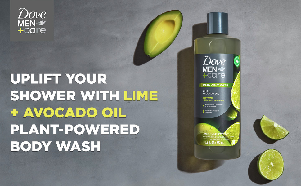 Dove Men+Care logo and a product photo with its name next to it being surrounded by elements related