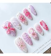 30pcs Pink Flower Press on Nails Medium Almond Fake Nails with 3D Cute Flowers Gold Beads Designs...