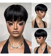 FREEKWEEN Short Wigs Pixie Cut Wig for black women Human Hair Natural Black Straight Human Hair W...