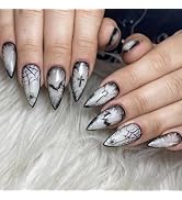 MERVF Almond Press on Nails Medium Goth, Black Ombre Fake Nails Spider Web Bat Glue ons Halloween...
