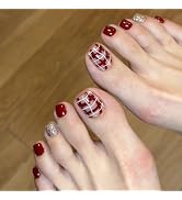MERVF Press on Toenails for Women Red Acrylic Fake Glitter Toe Nails Checkered Design Summer DIY ...