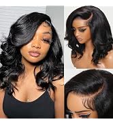 UNICE 10 inch Light Yaki Loose Body Wave Bob Wig human Hair with Below Out Bangs 13X4 HD Lace Fro...