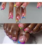 MERVF Square Press on Nails Medium & Press on Toenails for Women Matching Set Colorful French Tip...