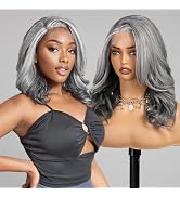 KOME Grey Synthetic Lace Front Wig,13X5X1 Shoulder Length Body Wave Glueless Bob Wigs for Old Lad...