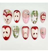 30Pcs Almond Press on Nails Medium Length Pink French Tip Fake Nails with Rhinestones Cute Apple ...