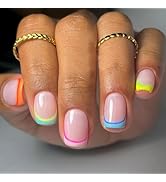 French Press on Nails Short Square Fake Nails Nude Pink False Nails with Designs Colorful Tip Glo...