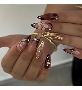 MISUD Press on Nails - Medium Almond Fake Nails with Fall Brown, Acrylic Gold Chrome Design 24 pcs