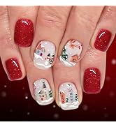 Christmas Press on Nails Short Square Fake Nails with Designs Xmas Tree Stick on Nail Snowmen Acr...