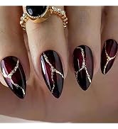 MISUD Medium Stiletto Press on Nails Almond Fake Nails Glossy Glue on Nails Black Red Ombre Acryl...